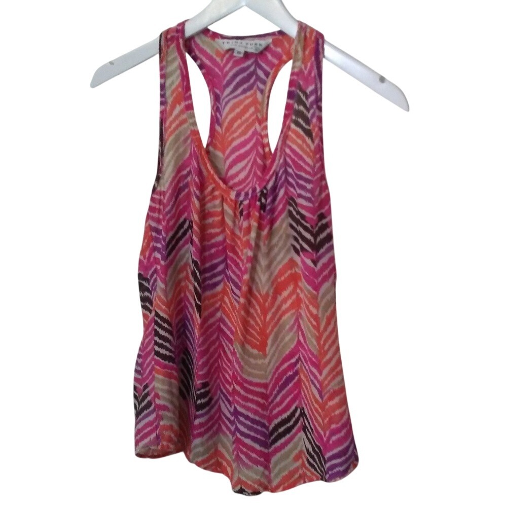 Trina‎ Turk Pink Orange Abstract Chevron 100% Silk Racerback Tank Top Small